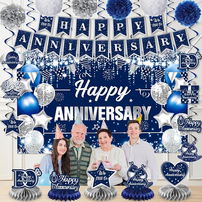 Happy Anniversary Decorations Kit Blue Silver Happy Anniversary Banner Honeycomb Centerpieces Hanging Swirls Tissue Paper Pompoms Set for Men Women Couple Wedding Anniversary Party Supplies Decor