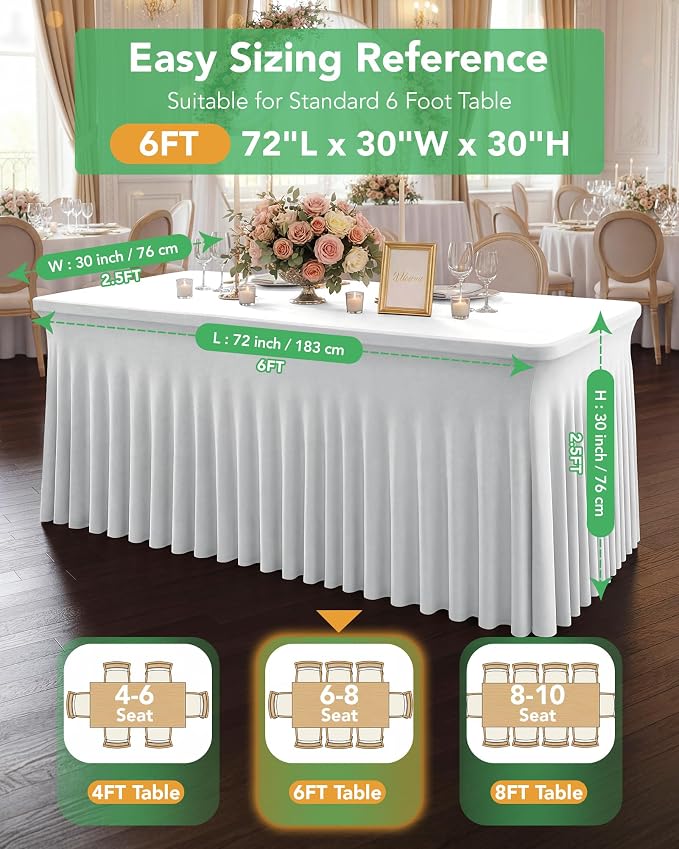 6 Pack Spandex Table Cover Skirts for 6ft Rectangle Tables, White Stretch Table Cloths with Floor-Length Ruffle, Elastic Fitted Skirted Tablecloth for Elegant Wedding Banquet Party Buffet Decoration