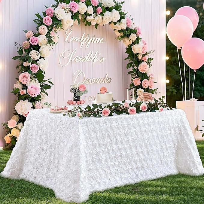 B-COOL Rosette Tablecloth Rectangular White Table Cover 3D Floral Satin Tablecloth Birthday Party Table Covers Boho Wedding Decor 90x156 Inch