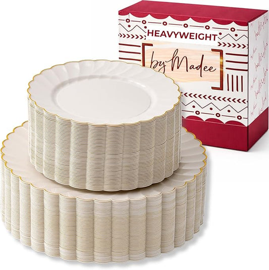By Madee HEAVYWEIGHT 100 Pc Scalloped Ivory & Gold Plastic Plates for Party | 50 Dinner & 50 Dessert Nice Disposable Heavy Duty Plates | Elegant & Fancy | Wedding, Baby Shower, Bridal Shower 50 Guests