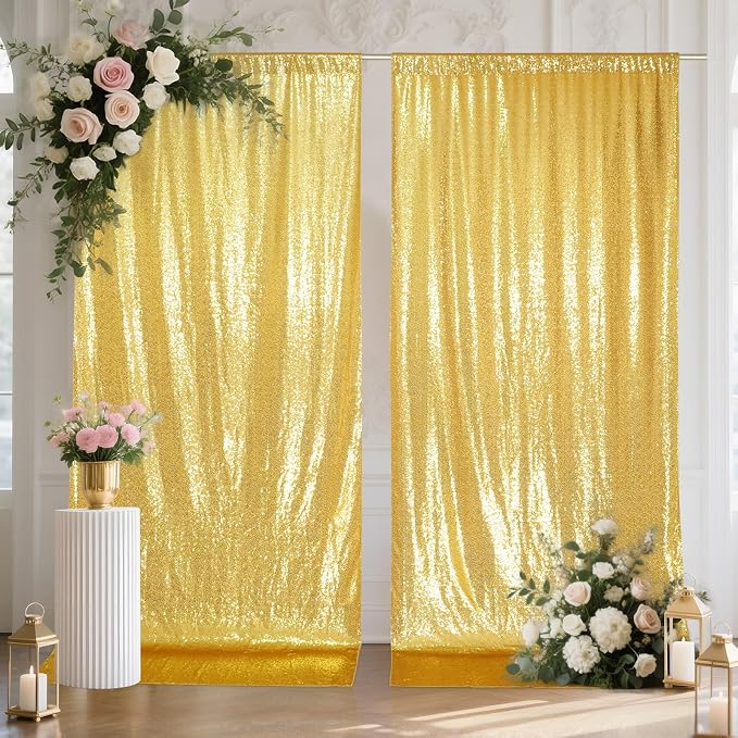 SquarePie 2 PCS 4x10ft Gold Sequin Backdrop for Photography, Extra Long Satin-Backed Real Sequin Curtain, High-Density Shimmering Background with 4" Rod Pocket for Wedding Ceremony, 2 Panels