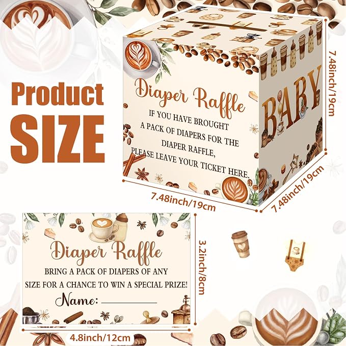Teling 51 Pieces Coffee Beans Diaper Raffle Tickets Box with Card Baby Shower Decorations Gender Reveal Holder Box for Girl Boy Diaper Raffle Party
