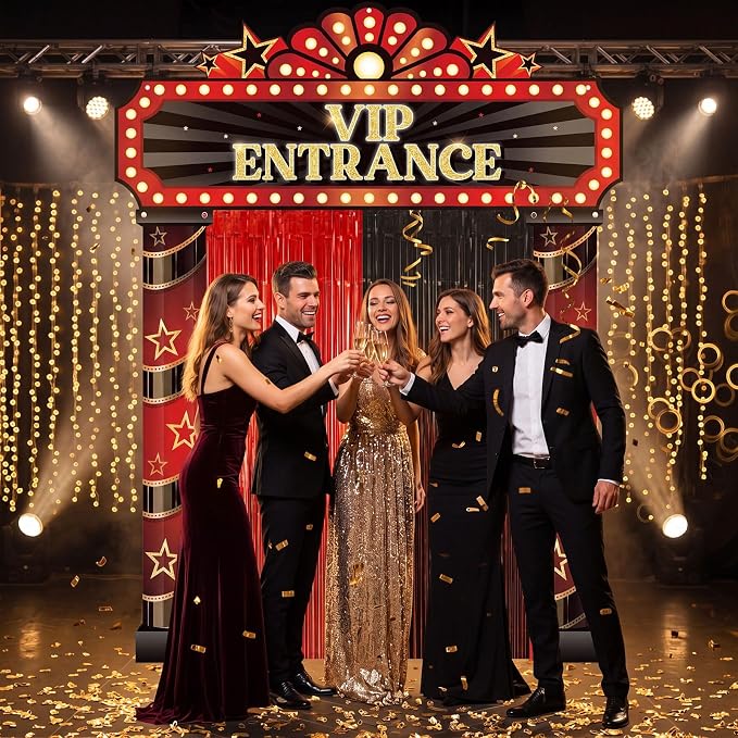 Peryiter 5 Pcs VIP Entrance Movie Night Party Decorations Set, Film Theme Door Banners Red and Black Tinsel Curtains, Double Sided Tape for Movie Night Film Party Supplies
