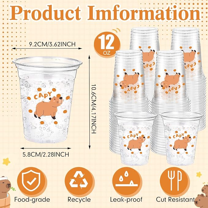 Funnymoom 60 Pack Capybara Plastic Cups 12 oz Capybara Birthday Decorations Cute Cartoon Animal Disposable Clear Plastic Drinking Cups for Animal Theme Birthday Baby Shower Party Decorations Supplies