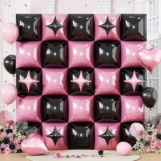 32PCS Pink and Black Square Foil Balloons, Double Sided Light Pink and Metallic Black Square Balloon Backdrop Wall with Star Foil Balloons Flat Tunnel Background for Girls Queen Birthdays Bachelorette