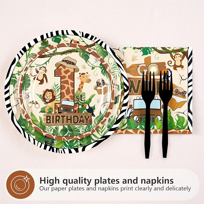 96 Pcs Wild One Birthday Party Decorations Jungle Animal Safari Plates and Napkins Mouse Safari Woodland Themed Tableware Set for Boys Girls 1st Birthday Baby Shower Party Supplies, Serves 24