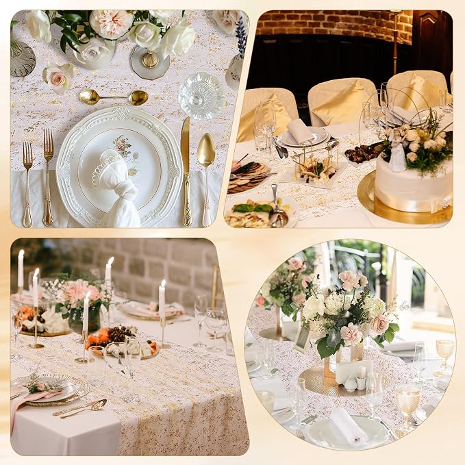 BINBE 3PCS Gold Table Runner 10Ft Gold Sheer Table Runner Chiffon Fabric Cheesecloth Sequin Glitter Table Runner for Wedding Birthday Bridal Shower Party Decor