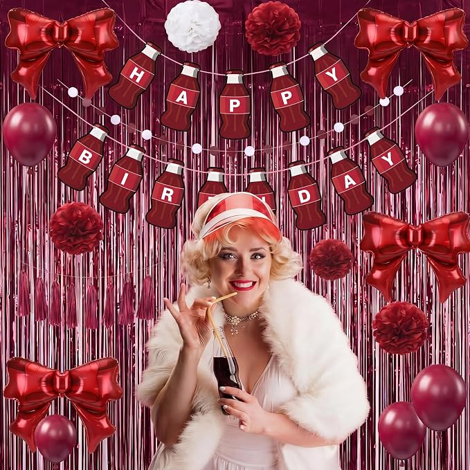 Arrowbash 33 Pcs Burgundy Maroon White Birthday Decorations Include Happy Birthday Banner, Red Tinsel Foil Backdrop, Tissue Paper Pom Poms, Dots Garland, Bow Balloons, Paper Tassels (Bottle Style)