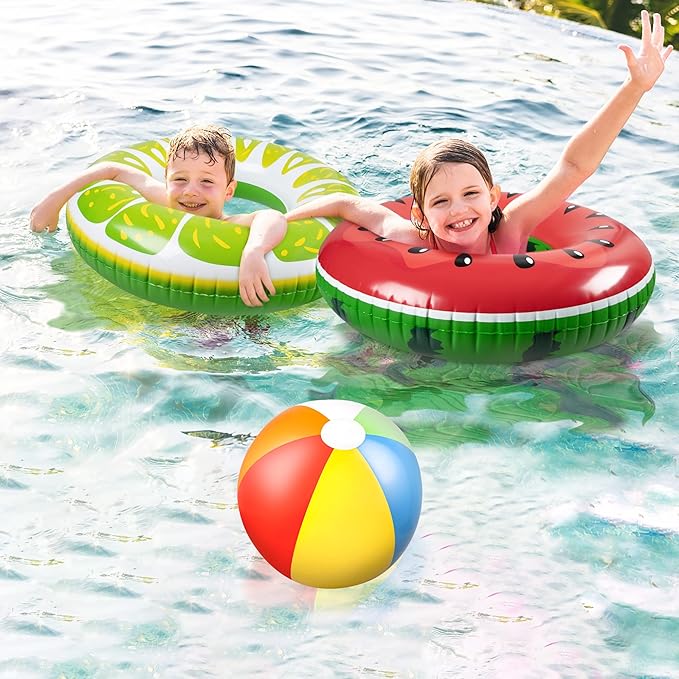 90shine 7-Pack Fruit Pool Floats Floaties: Inflatable Swim Rings & Beach Balls for Summer, Tropical Pool Party Decorations, Floating Tubes Toys for Kids Adults