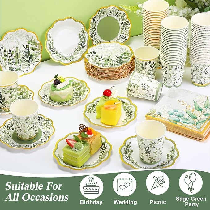 Yungyan 216 Pcs 72 Guest Sage Green Plates and Napkins Sets Eucalyptus Party Supplies 6" Disposable Paper Plates, 9 oz Tea Cups for Baby Shower Birthday Wedding Bridal Shower Party