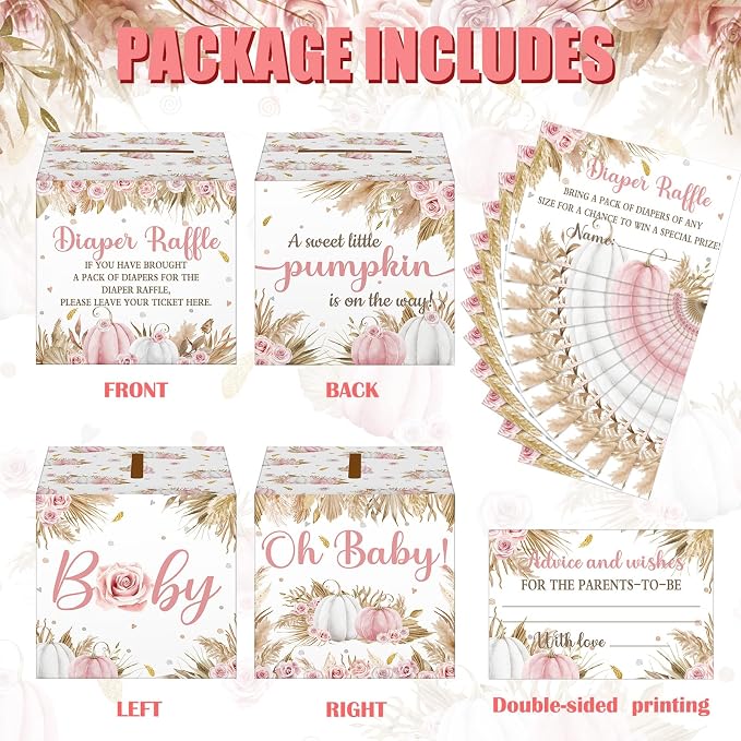 Teling 51 Pieces Diaper Raffle Tickets with Card Box Baby Shower Decorations Baby Shower Holder Box for Girl Boy Diaper Raffle Party(Boho Pumpkin)