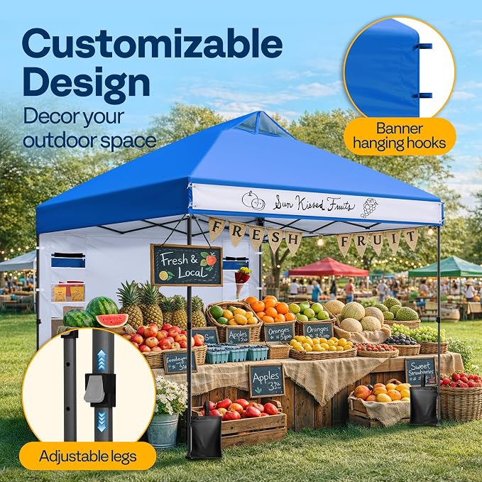 VIVOHOME 10x10ft Pop Up Canopy Tent with Sidewall and 6 Pockets, One Push Setup Outdoor Portable Shelter Tent Heavy Duty with Wheel Carry Bag and 4 Sandbags, Blue
