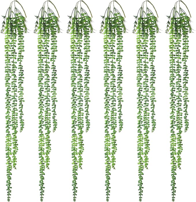 6pcs Artificial Succulents Hanging Plants, Fake Hanging Plant String of Pearls Plant, Faux Greenery Plants Draping Greenery Stems for Spring Indoor, Outdoor, Wall, Home, Backdrop, Garden
