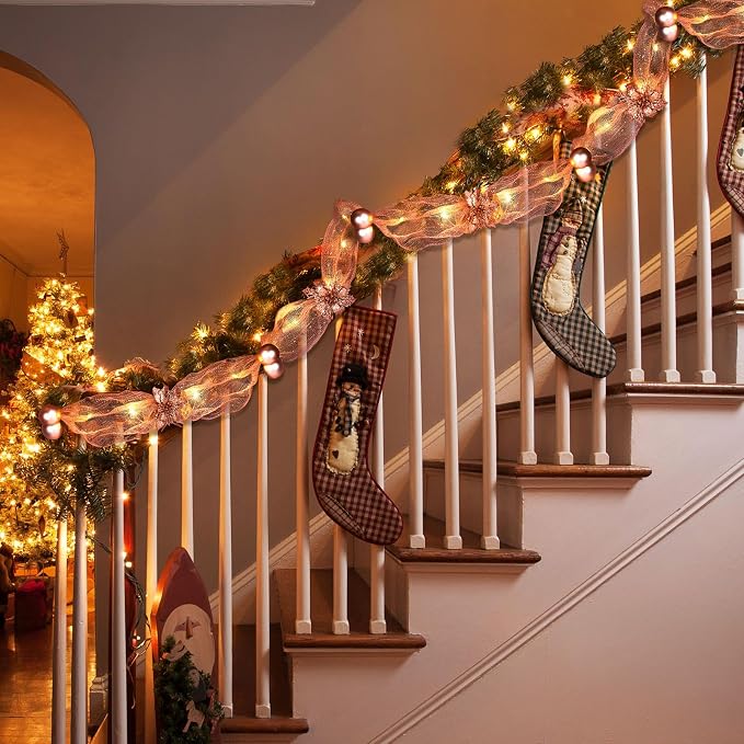 Hollowfly 16.4 ft Christmas Tree Ribbon Garland Mesh with Lights Decor Mesh Christmas Ball Garland Poinsettia Flower Hanging Ornament for Mantle Front Door Xmas Decoration(Rose Gold)