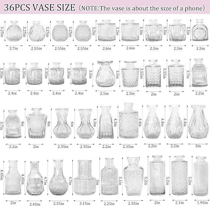 36Pcs Bud Vases Set Small Vintage Glass Bottles Clear Bud Vases in Bulk Multiple Shape Cute Glass Vases for Rustic Wedding Centerpieces Table Decorations and Home Decor(Clear)