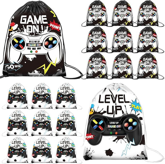 Eccliy 20 Pcs Video Game Party Favor Bags Gamer Birthday Party Drawstring Bags for Kids Boys Girls 12 x 10 Inch Gaming Goodie Treat for Game on Theme Decorations Supplies(Black, White,Vivid Style)
