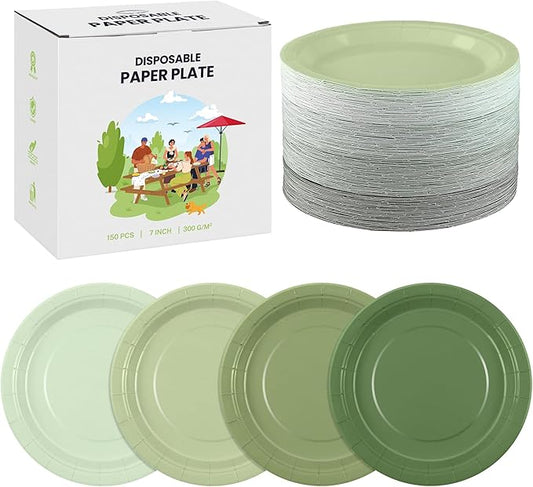 Kochorie 150 Pieces Sage Green Paper Plates 7 Inch Bulk Disposable Gradient Green Dinner Plates Heavy Duty Round Dessert Supplies for Birthday Wedding Holiday Bridal Shower Party Supplies