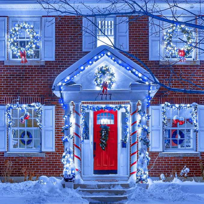 100 LED Christmas Lights Outdoor, 33ft Christmas String Lights for Bedroom 8 Modes Waterproof Plug in Twinkle Fairy Light for Indoor Outside Bedroom Home Party Decoration, Blue&White
