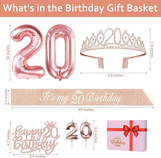 20th Birthday Decorations for Women, Including 20th Birthday Sash and Tiara, Cake Topper and Candles, Number Balloons, 20 Year Old Gifts for Women
