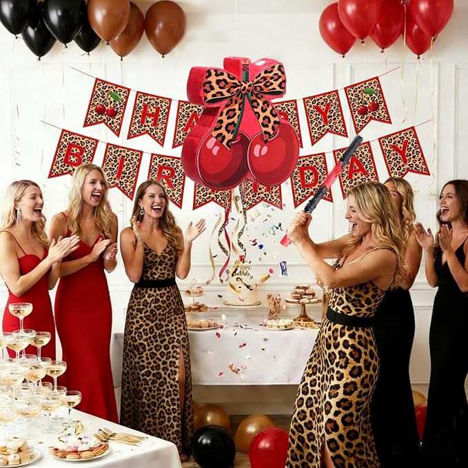 VioraWhite Cherry Leopard Print Piñata Set Cherry Cheetah Piñata Game with Blindfold Hitting Stick Cheetah Print Red Black Party Theme Decoration for Bachelorette Jungle Animals Women Party Supplies