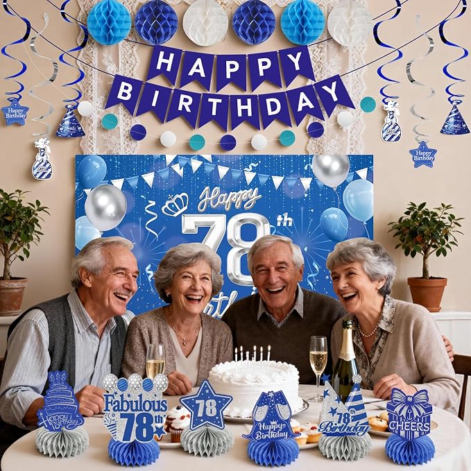 Happy Birthday Party Decoration Set: Including Birthday Banner Backdrop, Party Table Centerpieces and Hanging Swirl Party Streamers, Birthday Decor Suppliers for Men and Women (Blue, 78th Birthday)