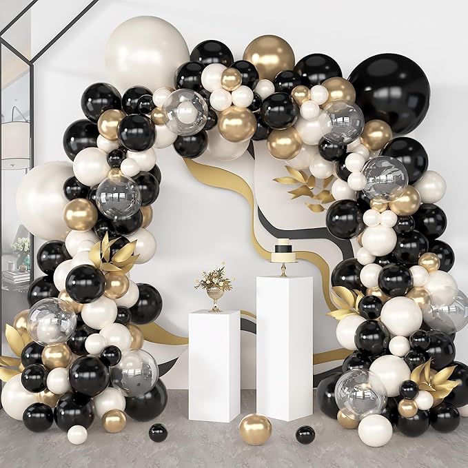 Amandir 173Pcs Black Pearl White Gold Balloons Arch Garland Kit, Pearl White Black Chrome Gold Clear Balloons for Graduation Retirement Wedding Coquette Birthday Bachelorette Party Decorations