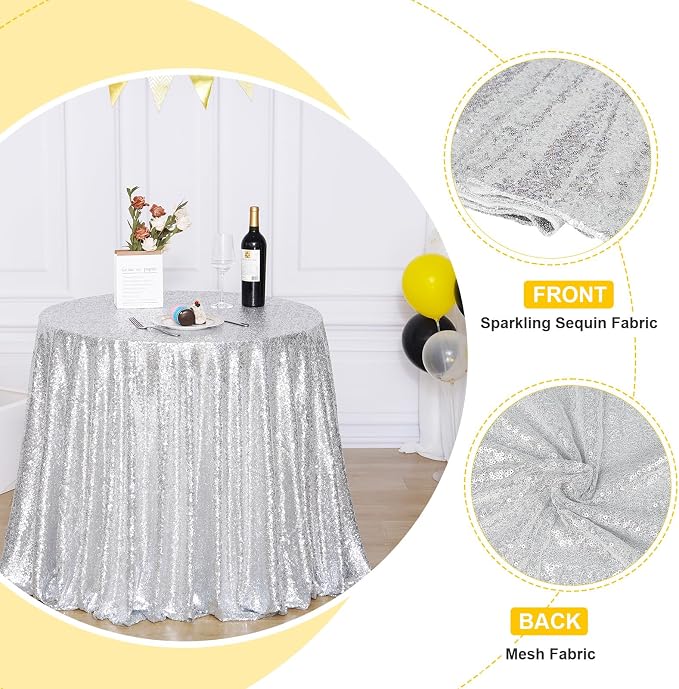 Poise3EHome 90 Inch Round Silver Sequin Tablecloth for Party Cake Dessert Table Exhibition Events