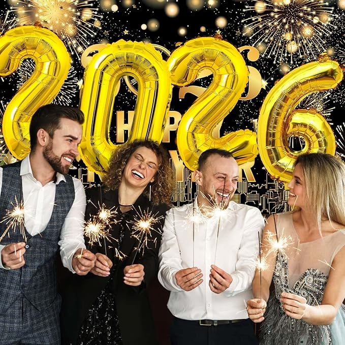 New Years Decorations Party Supplies 2026 40PCS Happy New Years Eve Balloons Decorations for 2026 Photo Props Party Background Black and Gold Balloons Banner Hats Glasses (Black)