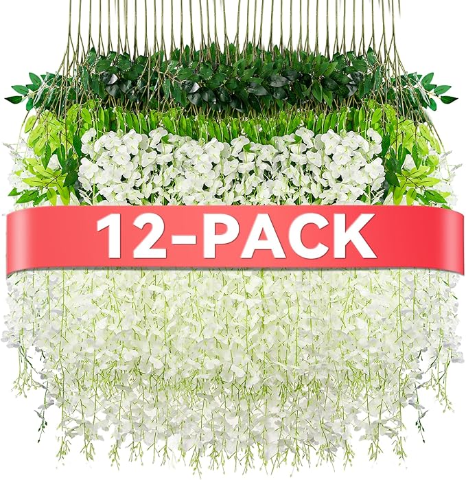 Alotiki Wisteria Hanging Flowers,12 Pack Fake Hanging Flowers,Wisteria Artificiales Garland for Home Wedding Arch Floral Party Garden Ceremony Outdoor Decor,3.6 Feet Long(12,White)
