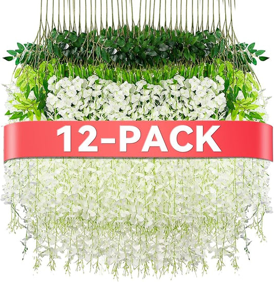 Alotiki Wisteria Hanging Flowers,12 Pack Fake Hanging Flowers,Wisteria Artificiales Garland for Home Wedding Arch Floral Party Garden Ceremony Outdoor Decor,3.6 Feet Long(12,White)