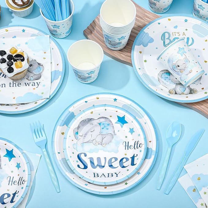 Sliner 175 Pcs Baby Boy Shower Decorations Plates Set for 25 Guests, Blue Elephant Theme Baby Shower Paper Plates Napkins Cups and Utensils Tableware Set It's a Boy Themed Birthday Party Supplies