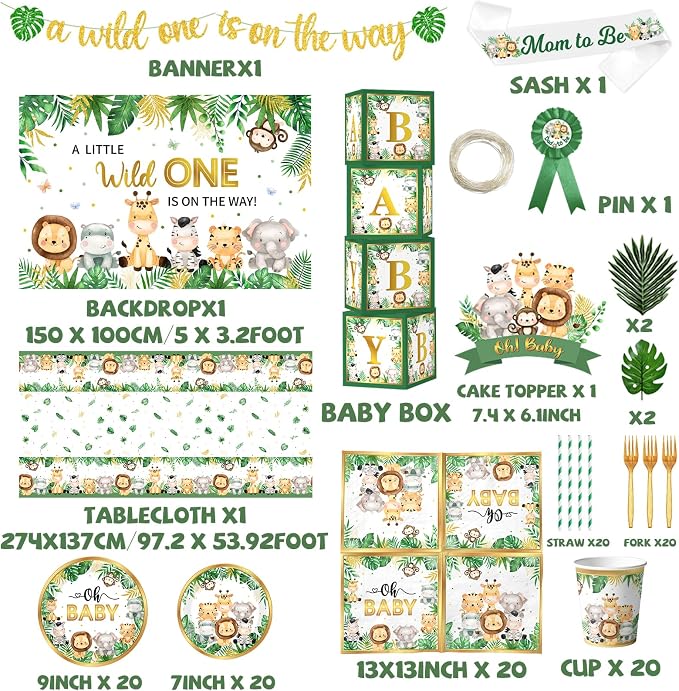 Safari Baby Shower Decorations,262pcs Wild Birthday Decorations Jungle Baby Shower Decorations Plates and Napkin Cups Backdrop Banner Tablecloth Balloons Garland Boxes,Serves 20