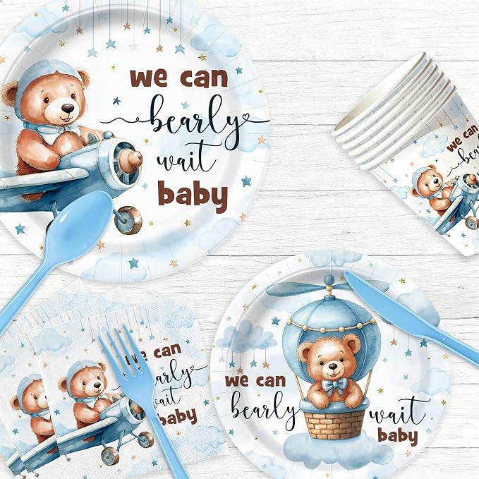 168pcs We Can Bearly Wait Plates Napkins Bear Baby Shower Party Supplies Disposable Tableware Set Teddy Bear Baby Shower Party Decorations Serve 24 Guests