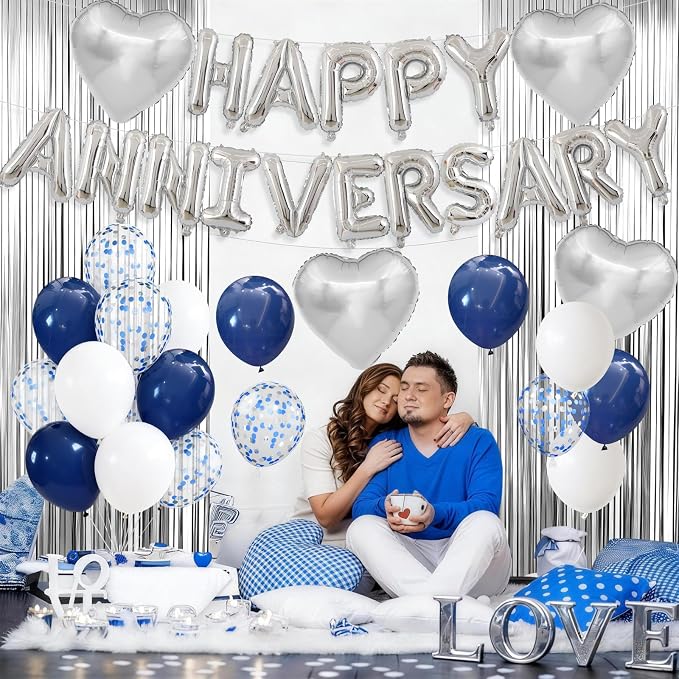 Anniversary Decorations Navy Blue Silver,Happy Anniversary Balloon Banner with Heart Foil Balloons Fringe Curtain for Wedding Party Valentine's Day Romantic Night Surprise