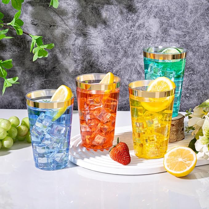 I00000 100 Pack 14 oz Gold Plastic Cups, Gold Disposable Cups Tumblers, Disposable Plastic Wine Glasses Cocktail Glasses Perfect for Party & Wedding