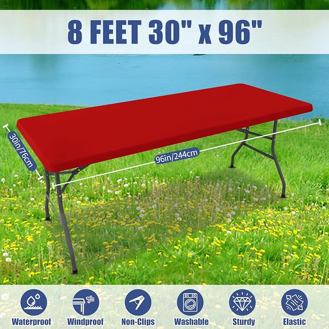 Moosfor Spandex 8 Foot Rectangle Table Cloth 6 Pack, Elastic Fitted Tablecloths for Picnic, Stretch Washable Patio Table Cover for Outdoor, Camping, Banquet and Parties (Red, 30"x96")