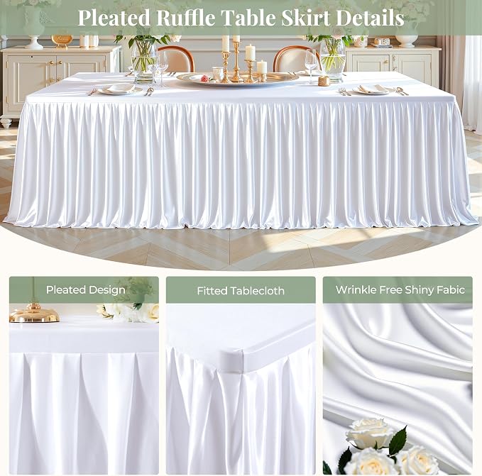 White Satin Tablecloths Rectangle 4FT, Glitter Spandex Fitted Stretch Table Covers Wrinkle-Resistant Floor Length Shimmer Pleated Table Skirt for Weddings Parties Baby Shower Banquets Vendor Events