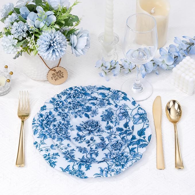 WDF 20PCS Blue Plastic Plates - Baroque White and Blue Plates - Chinoiserie Floral Party Decorations for Birthday/Tea Party/Spring