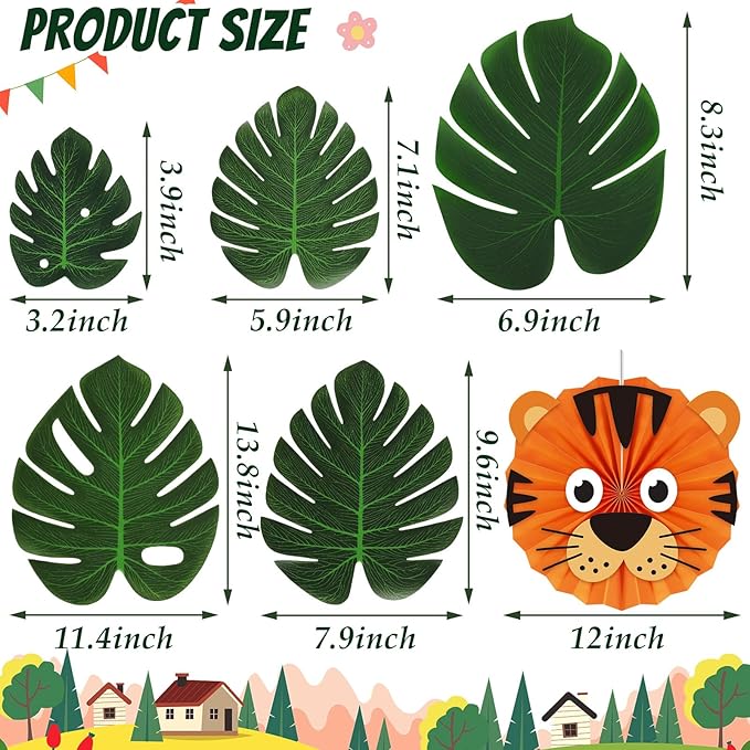 20 Pcs Jungle Animal Hanging Paper Fans Decorations, 12 Inches, Jungle Safari Animal Theme Paper Fan Ceiling Decoration for Safari Wild Zoo Baby Shower Birthday Party Decor