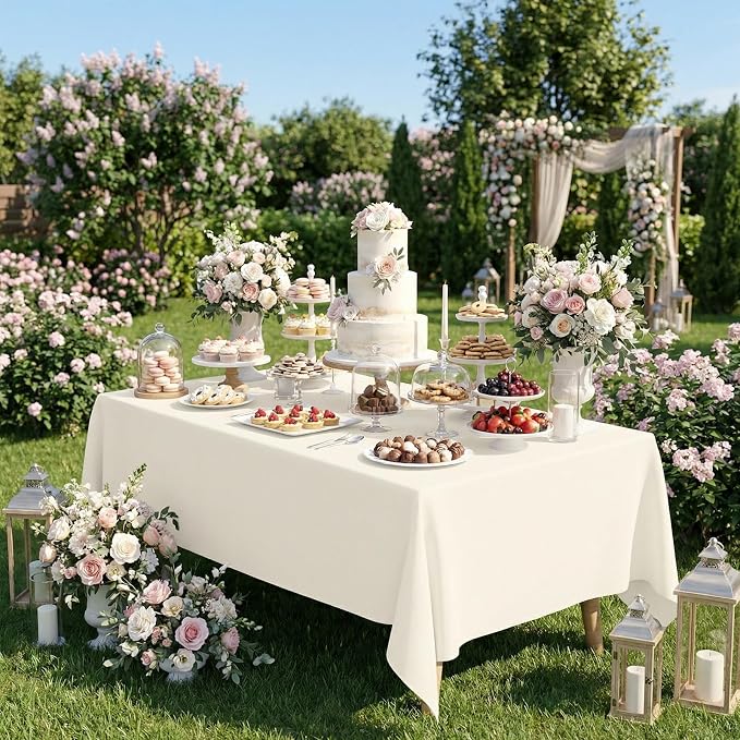 Fixwal 2 Pack Ivory 70 x 120 Inch Rectangle Tablecloths, Reusable Heavy Duty Washable Polyester Table Covers for 6-8 Ft Tables, Wedding, Bridal Shower, Boho Party, Outdoor, Picnic