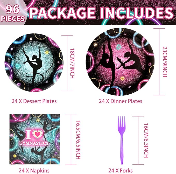 Grencian 96Pcs Gymnastics Birthday Party Supplies Gymnastics Party Plates Disposable Paper Gymnastic Tableware Set for Girls Birthday Baby Shower Decorations, Serves 24