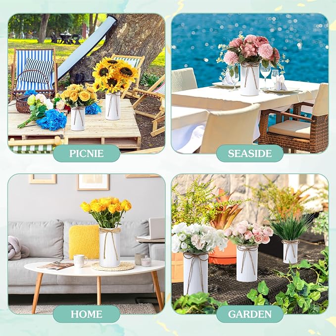 Zonon 3 Pcs Farmhouse Vase Decor with Twine Bow 4.33" Galvanized Flower Bucket 5.91" Metal Pots 7.09" Rustic Decorated Vases for Artificial Flowers Home Table Weddings Decor (White)