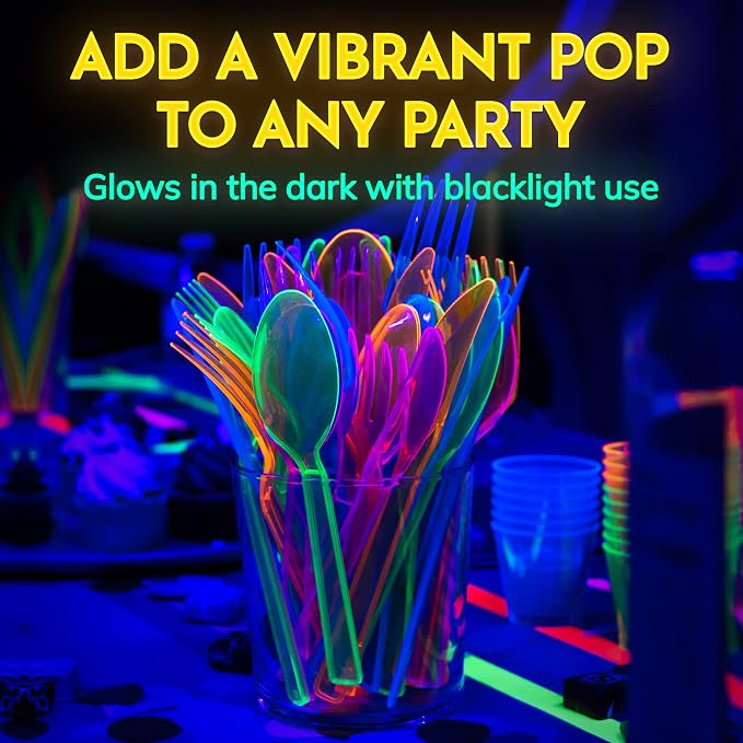 Kedudes Neon Glow Party Supplies, Serves 32 - Hard Plastic Disposable Party Neon Plates, Napkins, Neon Cups Tumblers, Cutlery - Forks, Knives, Spoons - Neon Party Decorations - Fiesta Party Supplies