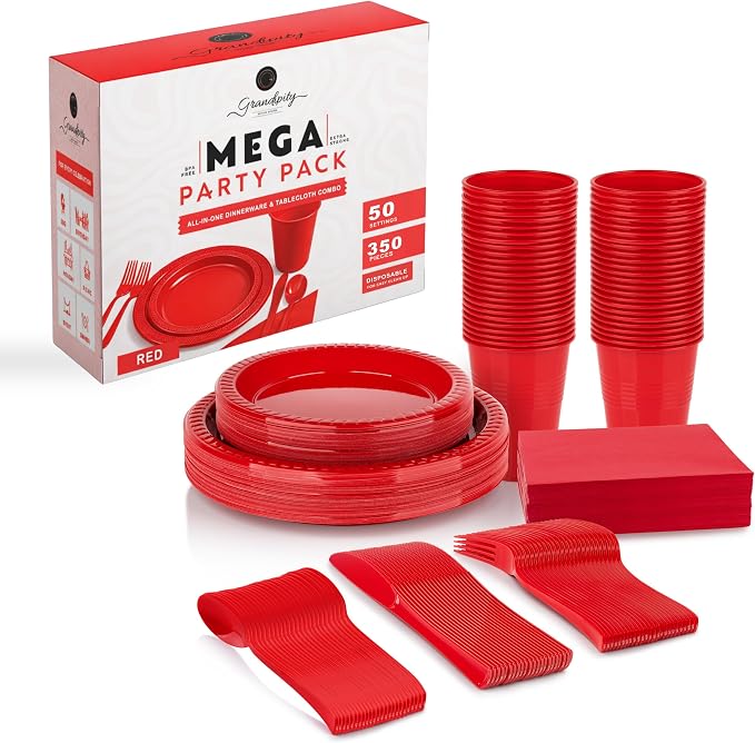 350 Piece RED Disposable Dinnerware Set 50 Guests, Plastic Party Plates And Cups And Napkins Sets - 50 Count 9" Dinner Plates, 7" Dessert Plates, 12oz Cups, Paper Napkins, Forks, Knives & Spoons