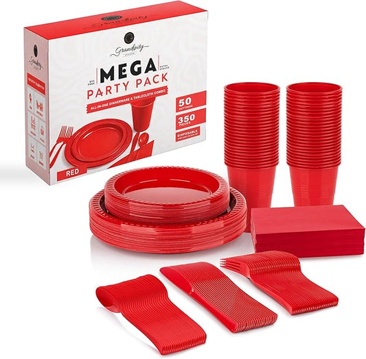 350 Piece RED Disposable Dinnerware Set 50 Guests, Plastic Party Plates And Cups And Napkins Sets - 50 Count 9" Dinner Plates, 7" Dessert Plates, 12oz Cups, Paper Napkins, Forks, Knives & Spoons