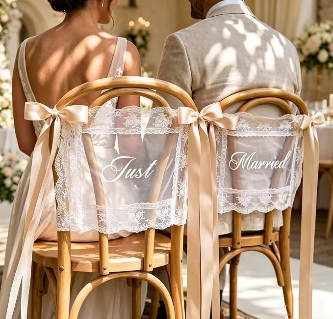 Just Married Wedding Chair Signs for Bride and Groom, Sheer Lace Back Banners with Champagne Ribbon, 2 Piece Set, 17.72 x 13.78 Inch