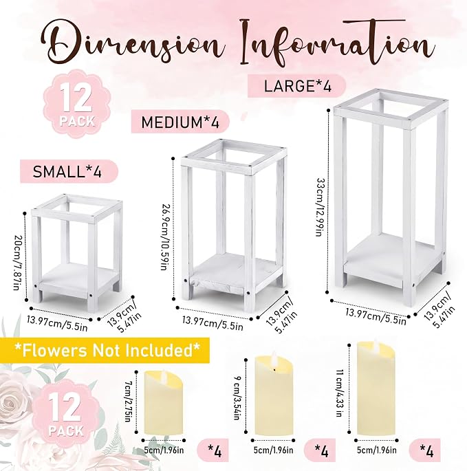 Sliner 24 Pcs Wedding Lantern Centerpiece Set Include 12 Rustic Wooden Candle Lantern 12 Flameless LED Candle for Wedding Party Baby Shower Table Fireplace Farmhouse Home Decoration (White)