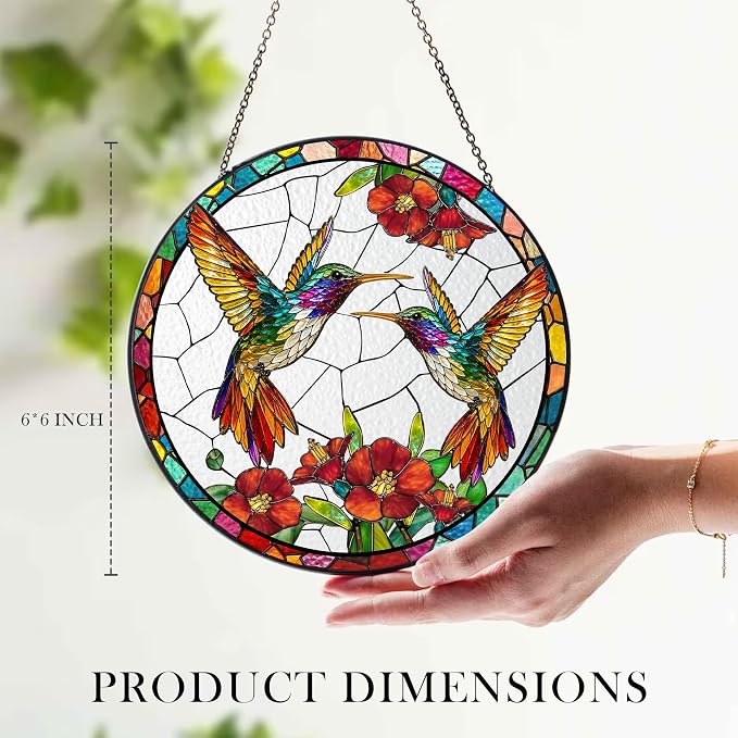 Humming Bird Stained Glass Suncatcher 6x6'' – Hummingbird Gifts for Women, Home Decor, Birthday, Christmas