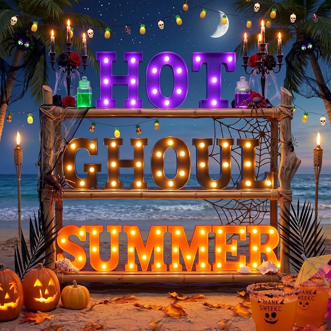 Honoson 14 Pcs Summer Halloween Party Decorations Hot Ghoul Summer Light Sign LED Funny Summers Theme Decor for Hawaiian Pool Beach Halloween Birthday Party Decorations