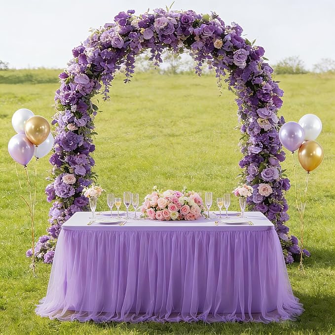 Light Purple 2-in-1 Stretch Tulle Table Cover & Skirt – Fits 6ft Rectangular Tables, Perfect for Baby Shower, Bridal, Birthday & Princess Parties (1 Pack)